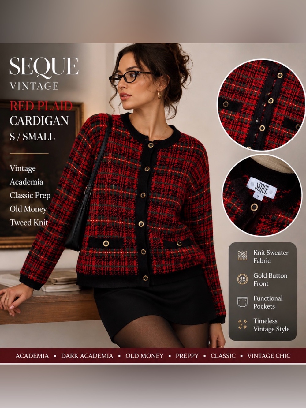 Vintage‎ Seque Plaid Cardigan Sweater Preppy Old Money Dark Academia Chic S